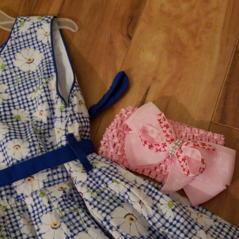 Blue and white check dress with daisies - Picture 3 of 6